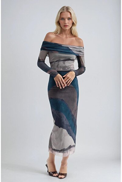 Lijuri Madonna Collar Lined Tie-Dye Pattern Tulle Dress 2978