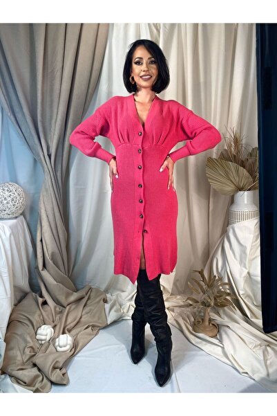 OEM ROCHIE FUCSIA, roz, tricot, cu nasturi si maneca lunga, eleganta