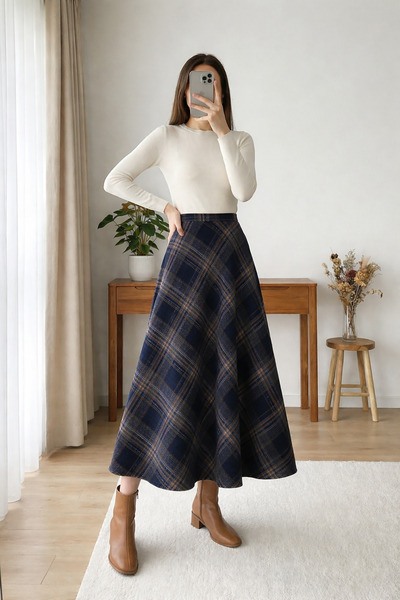 MODAQU Ekose Desen Kaşe Kloş Etek - Lacivert