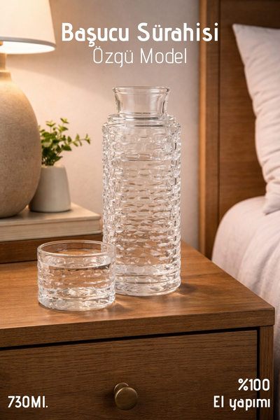 Nandy Home El Yapımı Cam, Özgü Modelli Başucu Sürahisi - 730Ml. Bardaklı Sürahi