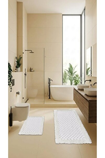 Halispecial SoftStep Spa Etkili Beyaz-Küçük Kare Desenli-Pamuk-2’li Banyo Pas...