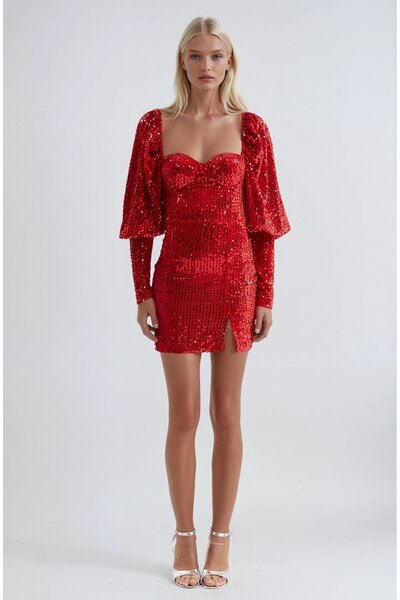 Lijuri Баллонный рукав, детализированный воротник-сердце, пайетки, мини-вельв...