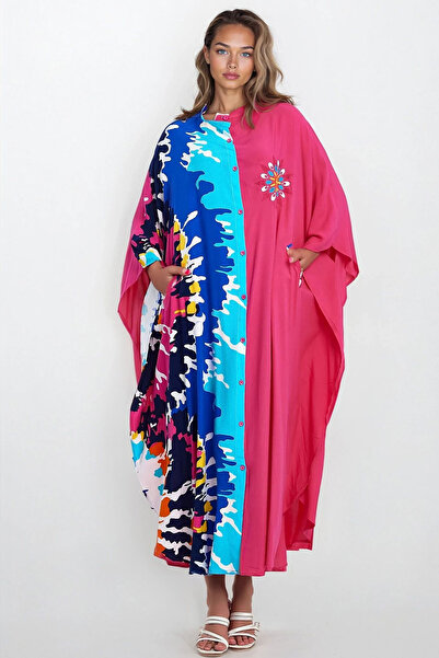 Trend Alaçatı Stili فستان فيسكوز نسائي ذو ياقة محاكاة فوشيا وأزرار أمامية وجي...