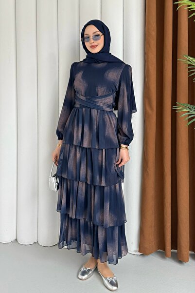 Modaensarbutik Önden Çapraz Bağlamalı Kat Kat Şifon Tesettür Elbise-LACİVERT