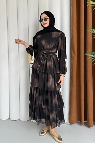 Modaensarbutik Önden Çapraz Bağlamalı Kat Kat Şifon Tesettür Elbise-SİYAH