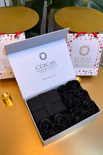CüzCan PREMIUM GIFT ROSE BOX - Πορτοφόλι από γνήσιο δέρμα Lily Black, Μαύρο κ...