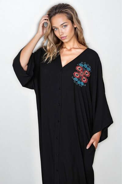 Trend Alaçatı Stili Rochie neagră de damă, broderie, cu nasturi în față, mări...