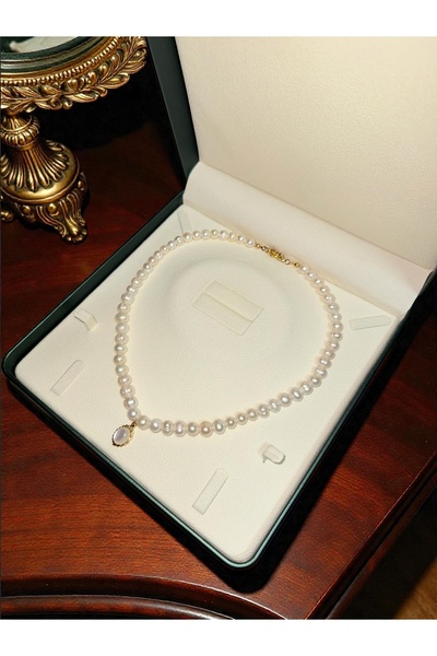 Taşmir Sertifikalı Doğal Inci Kolye - Charm - Altın Kaplama Pirinç Aparat - 8mm