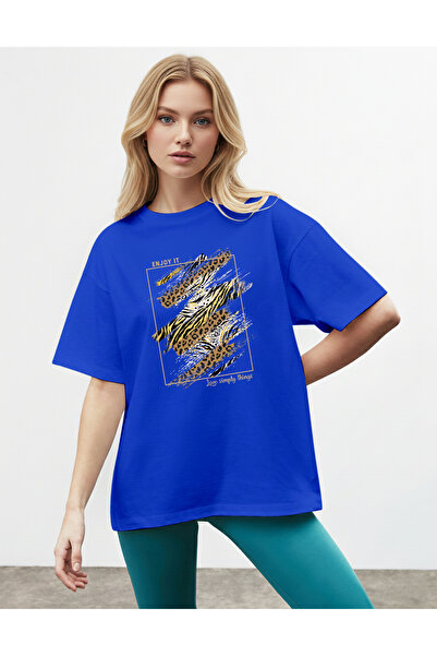 caddekombin Women's Gold and Zebra Patterned Enjoy It Written Cobalt Blue T-S...