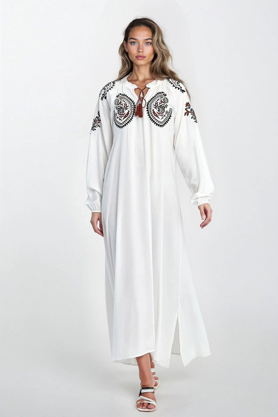 Trend Alaçatı Stili Rochie de damă din viscoză, albă, cu șireturi, brodate, m...