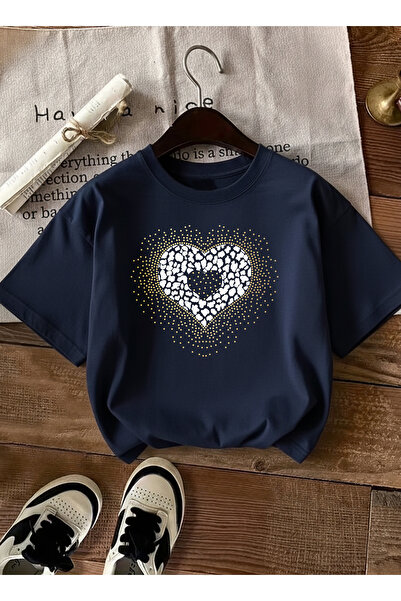 caddekombin تي شيرت نسائي حديث بتصميم قلب الفهد باللون الأزرق الداكن