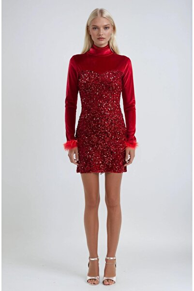 Lijuri Feather and Velvet Detailed Sequin Dress 2988