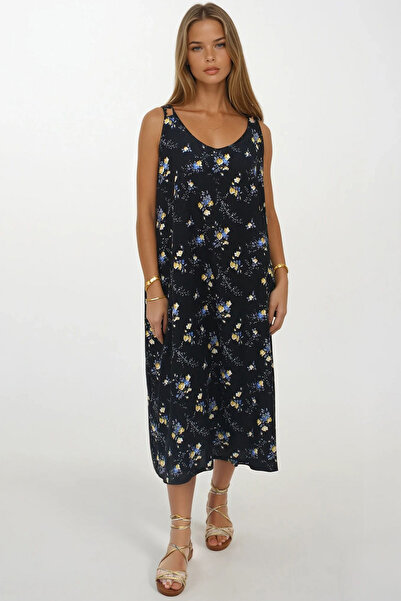 Trend Alaçatı Stili Women's Black Double Pocket Relaxed Cut Patterned Dress V...