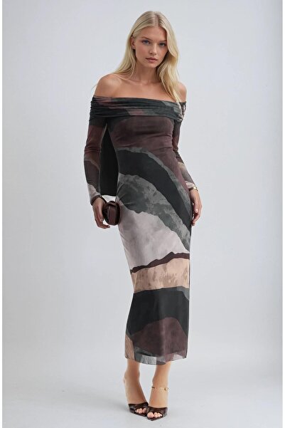 Lijuri Madonna Collar Lined Tie-Dye Pattern Tulle Dress 2978