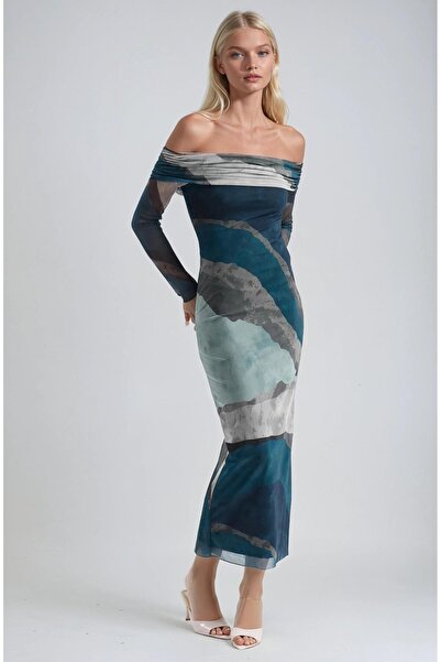 Lijuri Madonna Collar Lined Tie-Dye Pattern Tulle Dress 2978