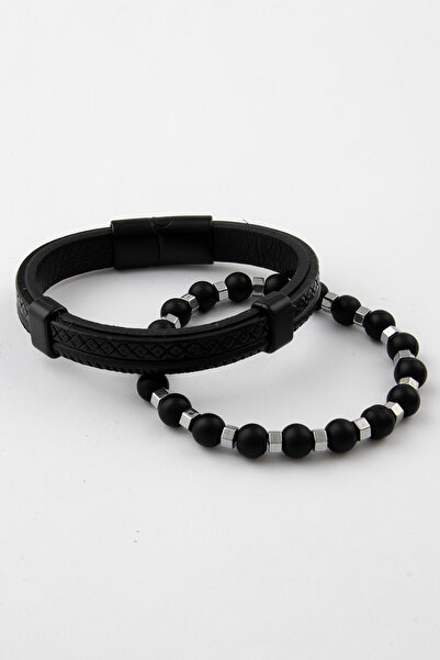 Sortie Aksesuar Genuine Leather and Natural Stone Gift Men's Bracelet Combina...