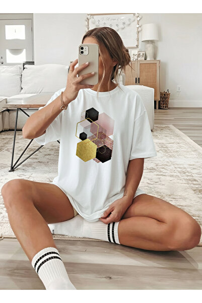 caddekombin Women's Modern Honeycomb Patterned White T-Shirt