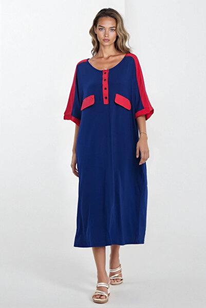 Trend Alaçatı Stili Women's Indigo Front Buttoned Short Sleeve Viscose Dress ...