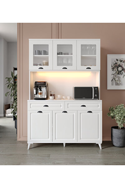 GuneyStore Luna Kahve Köşesi - MDF - 140 cm - Ayaklı -Beyaz Mutfak Dolabı - L...