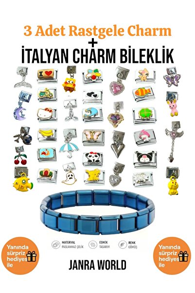 JANRA WORLD 3 Adet Rastgele Charm + İtalyan Charm Bileklik Seti | Sürpriz Hed...