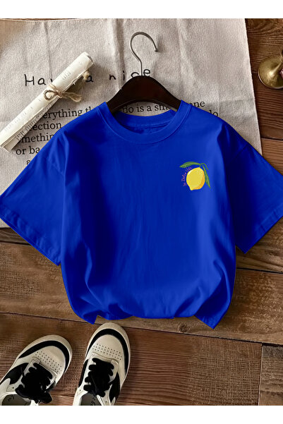 caddekombin Women's Double Sided Limoncello Printed Cobalt Blue T-Shirt