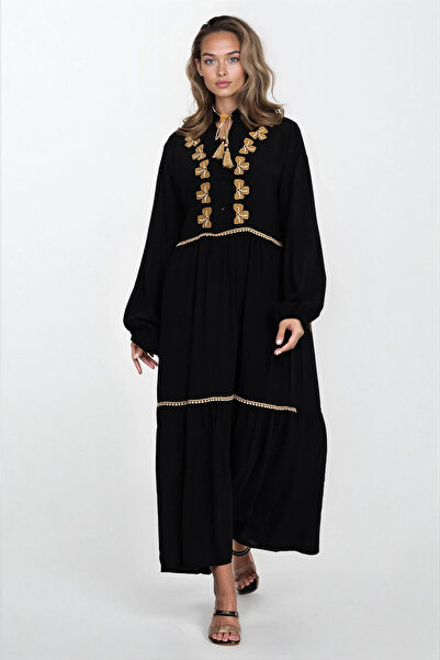 Trend Alaçatı Stili Rochie neagră de damă, cu jumătate de nasturi în față, ma...