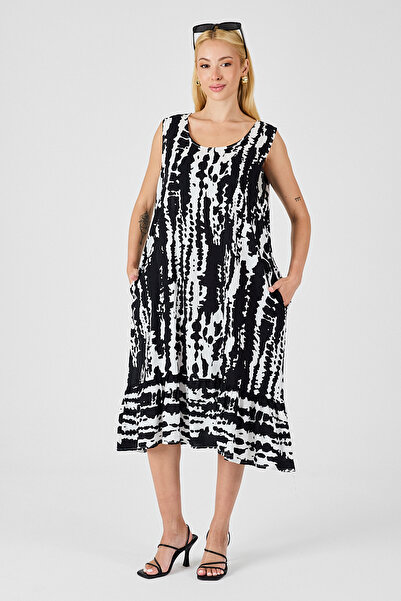 Trend Alaçatı Stili Rochie midi fără mâneci pentru femei, alb-negru, cu decol...