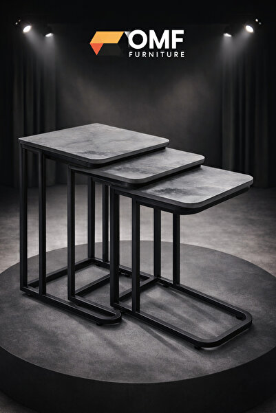 OMF FURNITURE 3’lü Zigon Sehpa Seti – Mermer Desenli Siyah Metal Ayaklı Moder...