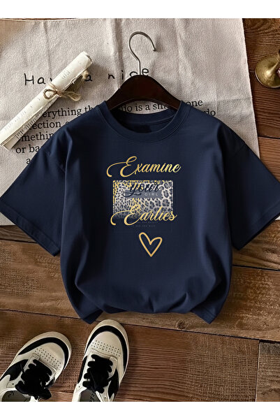 caddekombin Ženska leopard srca Štampano zlatna napisana tamnoplava T-shirt