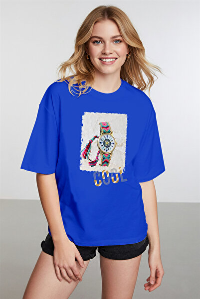 caddekombin Women's T-Shirt with Watch Figure and Cool Written Cobalt Blue