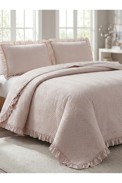 GOLDEN HOME Dubai Dust Pink Jacquard Ruffled Luxury Double Bedspread Set Piqu...