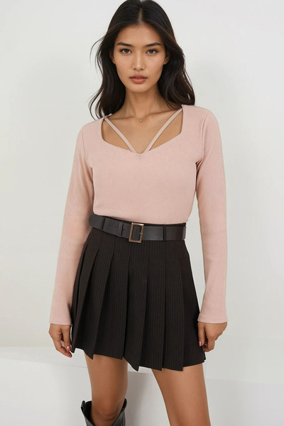 Trend Alaçatı Stili Women's Beige Heart Collar Long Sleeve Knitted Blouse Alc...