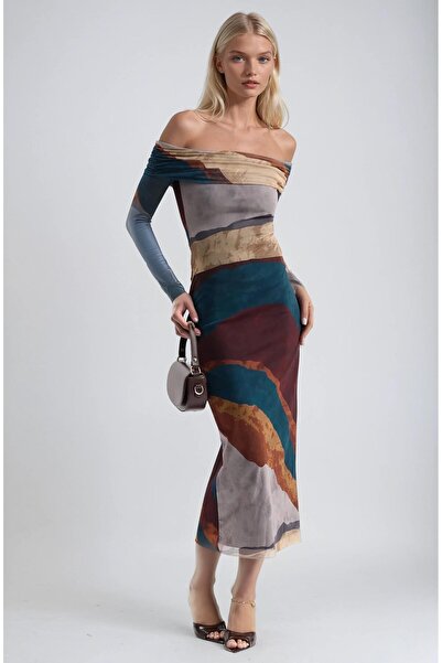 Lijuri Madonna Collar Lined Tie-Dye Pattern Tulle Dress 2978