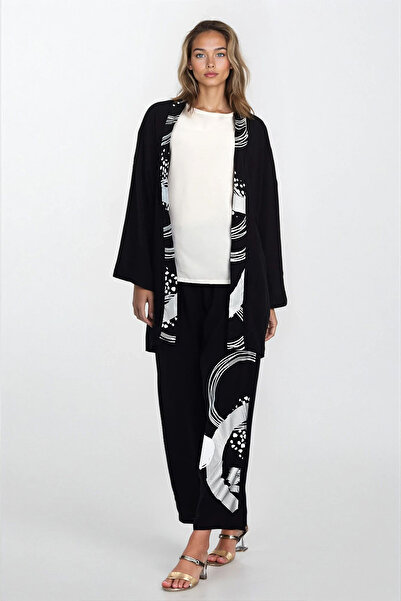Trend Alaçatı Stili Women's Black-White Patterned Kimono Blouse and Pants Plu...