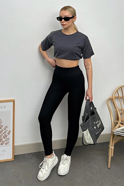 Trend Alaçatı Stili Γυναικείο μαύρο ψηλόμεσο κολάν κοτλέ ελαστικό ύφασμα Otto...