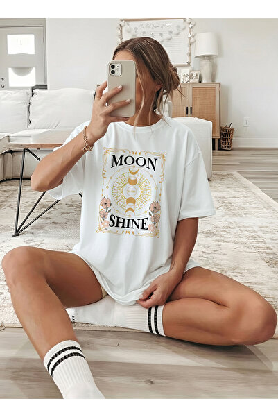 caddekombin Women's Mystical White T-Shirt with Moon Phases and Flower Figures