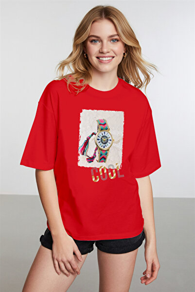 caddekombin Women's Red T-Shirt with Cool Written and Clock Figure