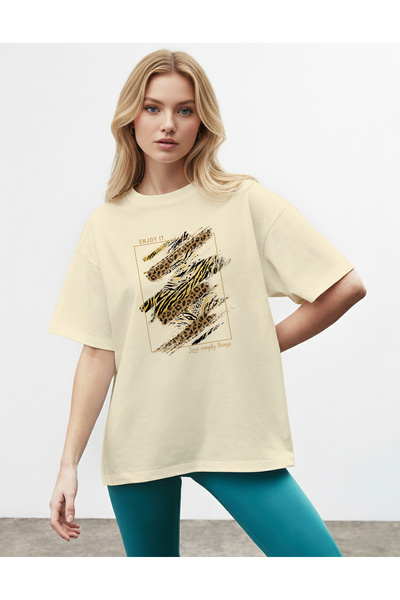 caddekombin Women's Gold and Zebra Patterned Enjoy It Written Beige T-Shirt