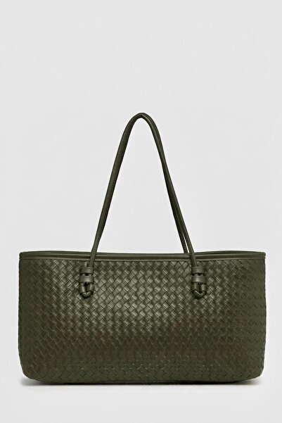 Madamra Haki Kadın Örgü Desenli PU Deri El ve Omuz Çantası – Zarif Geniş Form