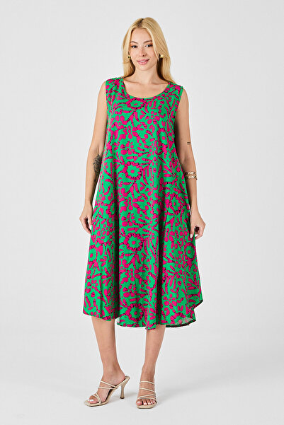 Trend Alaçatı Stili Women's Green-Fuchsia U-Neck Sleeveless Skirt Asymmetrica...