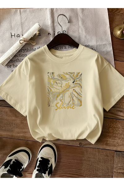 caddekombin Women's Abstract Marble Pattern Graphic Printed Beige T-Shirt