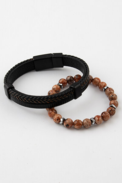 Sortie Aksesuar Genuine Leather and Natural Stone Gift Men's Bracelet Combina...