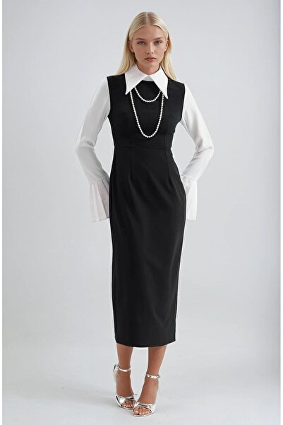 Lijuri Shirt Collar Midi Dress with Flared Sleeves 2976