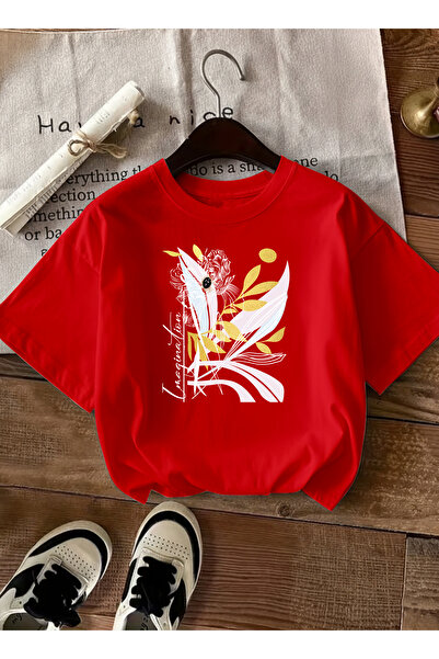 caddekombin Women's Gold Star Detailed Abstract Floral Red T-Shirt