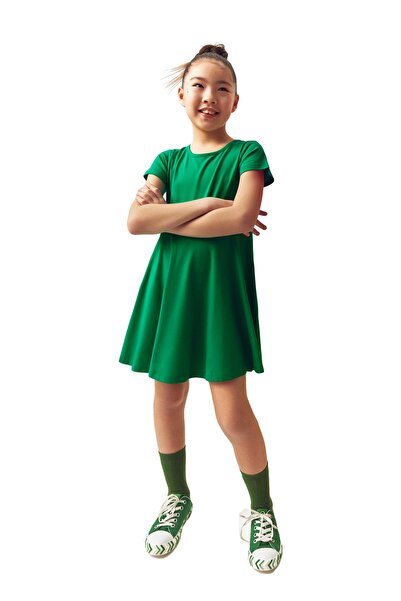 LOVETTI Green Color Basic Girls' Short Sleeve Dress