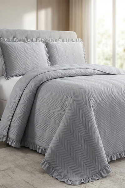 GOLDEN HOME Dubai Silver Gray Jacquard Ruffled Luxury Double Bedspread Set Pi...