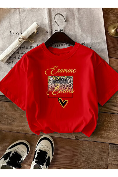 caddekombin Women's Leopard Heart Printed Gold Written Red T-Shirt