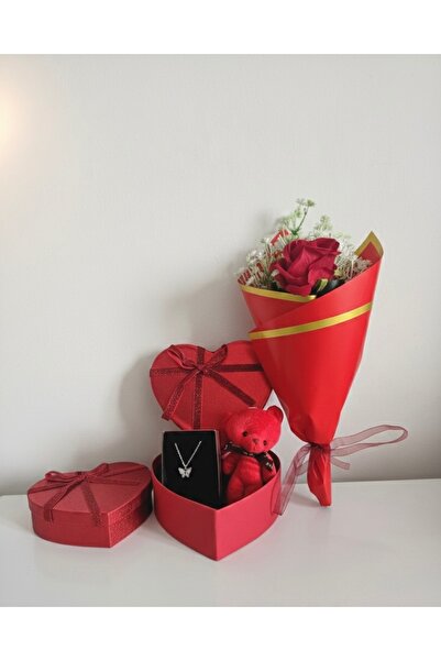 elovya Sevgililer Günü Özel Kırmızı Gül, Ayıcık ve Kalpli Kutuda Kolye Hediye...