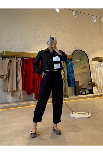 byözlemyazan Piliseli Crop Gömlek Kemerli Pantolon Tasarım Kadın İkili Takım