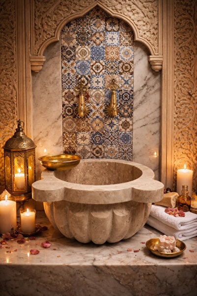 Belle Vie Klasik Türk Hamamı İçin Doğal Taş Traverten Kurna